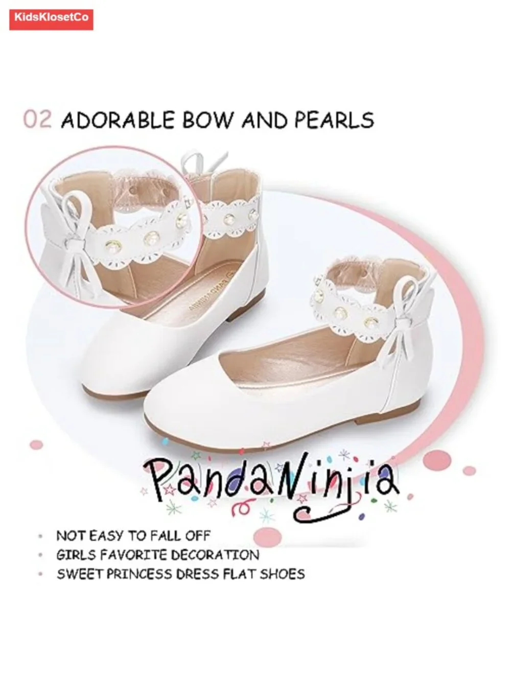Mary Jane Ballet Flats Flower Girl Shoes with Pearl Bow Ankle Strap Dress Shoes